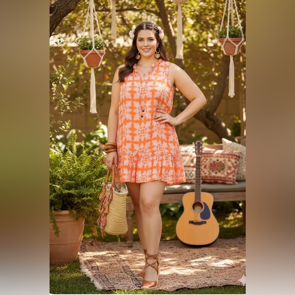 Oliphant Floral Block Print Ruffle Mini Dress Size XL